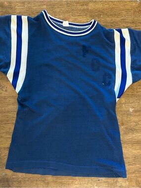1950s Russell Athletic Jersey Blue Short Sleeve Stripe Shoulder Tee